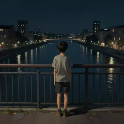 a lonely boy on a city bridge looking to the river at night, digital painting, masterpiece, digital art, hyperrealistic, concept art, octane render, unreal engine 5, trending on deviantart, sad atmosphere, centered, anatomically correct, oil painting, high contrast, serene scenery, loneliness, path traced, dark night, anime style, 2 d