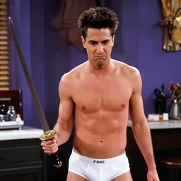 chandler bing extremely angry wearing white underpants holding a samurai sword,'friends'9 0 s tv show screenshot