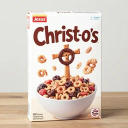 cereal box for a jesus themed cereal called christ - o's, jesus, crosses, cereal, product photograph