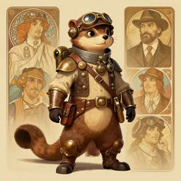 anthropomorphic weasel steampunk aviator pilot. Renowned character illustration by greg rutkowski, thomas kindkade, alphonse mucha, loish, norman rockwell. Trending on furaffinity. Digital art.