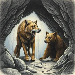 detailed brown wolf stalking a bear, cave drawing bc
