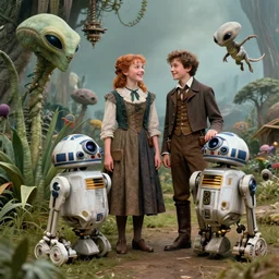 detailed, sharp, a girl and a boy standing next to some alien plants, looking happy, wearing 1850s era clothes, their droid is standing nearby while their small pet alien creature is also hovering nearby, in a park on an alien planet, steampunk, extremely highly detailed, hyperrealistic, highly detailed faces, 70 mm still from a period sci fi movie, 8k