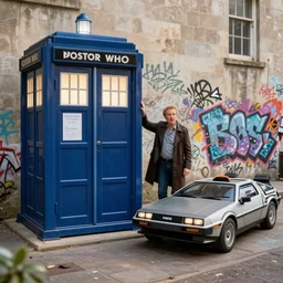 doctor who and the blue tardis meeting somewhere in time with doc brown and his deloron in the style of meres one graffiti