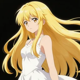 rima mashiro, absurdly long hair, blonde hair, wearing a white dress, in the style of beksinski, vibrant, chiaroscuro, high detail, perfect artwork, clean lines