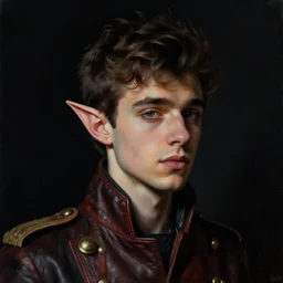 head and shoulders portrait painting of young man who looks like zayn malik as an elf by jeremy mann, wearing leather napoleonic military style jacket, only one head single portrait, pointy ears, black background, soft top lighting, dark and moody, shadowed, contrast