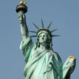 statue of liberty eating a cheeseburger, golden hour, award winning photo, low angle