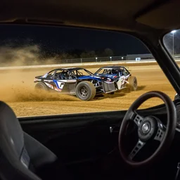 photo of interior view of a banger racing car at the moment it smashes into a banger racing car on a dirt track at night, hdr, flash photography, fast shutter speed dslr