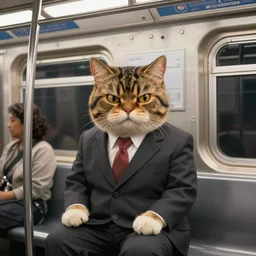 “ a angry cat wearing a suit riding the subway in new york city, studio ghibli, spirited away, by hayao miyazaki ”