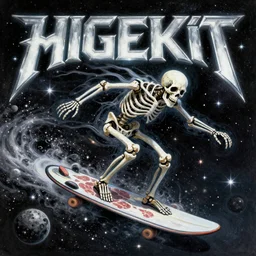 heavy metal album cover, illustration painted, a ghost inside meat coated skeleton, stardust and sparks and glitter sparking in the air, skeleton riding an asteroid surfboard in space