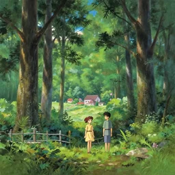 a beautiful scenic gouache painting of forest cinematic panorama ground with fence and village in far distance by makoto shinkai mocha pixar and makoto shinkai and wes anderson