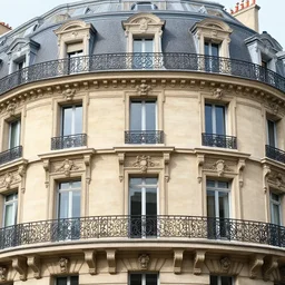 a close up on a beautiful highly detailed haussmann facade