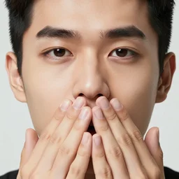 man holding his hands over his mouth, photorealistic, lifelike, OLED, DSLR HDR 8k, face is the focus, facial feature symmetry, hyper composed, deviantart,