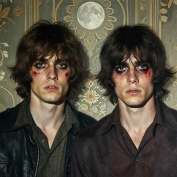 two handsome but sinister young men in layers of fear, with haunted eyes and wild hair, 1 9 7 0 s, seventies, wallpaper, a little blood, moonlight showing injuries, delicate embellishments, painterly, offset printing technique, by tom bagshaw