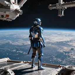 a space hoplite in a  blue armour looking out at the horizon of a planet from a space station in orbit, sci-fi, high detail, light reflections,  matte painting, style by jaques louis david, 8k, octane render, photograph, hyperrealism”