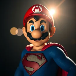 photo body portrait of super mario! super mario! as superman in man of steel!, movie still, cinematic lighting, ray tracing, octane render, long lens, shallow depth of field, bokeh, anamorphic lens flare, 8 k, hyper detailed, 3 5 mm film grain