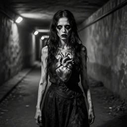 zombie woman standing alone in a tunnel holding a heart by hieronymus bosch hyper realistic, dark fantasy detailed, high definition insanely detailed, bitter super - resolution microscopy dark lighting, x - ray black and white