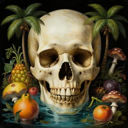 a close - up portrait of a tropical skull surrounded by water, colorful fruit, palm trees and mushrooms. surrealism. black background. highly detailed science - fiction fantasy painting by norman rockwell, moebius, frank frazetta, syd mead, and stanislaw fernandes. rich colors, high contrast. renaissance masterpiece. artstation