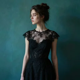 a portrait of a young woman wearing a black evening dress, black transparent lace, messy bun hairstyle, delicate face, looking away, cinematic, intricate details and textures, harsh lighting, epic pose, in front of a blue - green wall, by jeremy lipking, artgerm, alphonse mucha, greg rutkowski, serge marshennikov, artstation