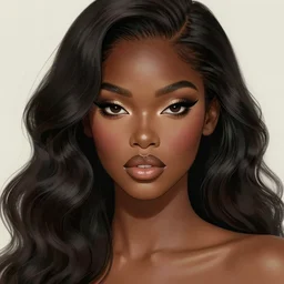 A tall black skinned girl with large lips and smooth eyebrows and wavy hair, complimentary eyeliner, light blush and metallic eyeshadow, HD, illustration, epic, fantasy, intricate, elegant, amazing detail, digital painting, artstation, concept art, smooth, sharp focus, illustration, art by Turine Tran