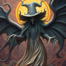 photo of benevolent witch, hyper detailed, flowing background, intricate and detailed, trippy, 8 k, octane render