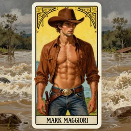 a dramatic painting of a handsome brown shirtless cowboy | background is a torrential flooding river | tarot card, art deco, art nouveau | by Mark Maggiori | trending on artstation