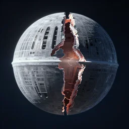 the deathstar being ripped in half with magento floating in the foreground, photograph, artstation, digital art,