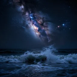 night sky with glowing iridescent stars crashing into the ocean, hyperrealistic masterpiece, highly detailed ricardo bofill anka zhuravleva, dramatic lighting, long shot, wide angle, uhd 8 k, sharp focus