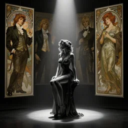 digital concept art by artgerm, tooth wu, bierstadt, gurney, stalenhag and alphonse mucha. just one lonely black tape project attctive showgirl!! full body!! contour light effect!! 8 k, stage light. octane render. sharp edge. ultra clear detailed, sitting pose