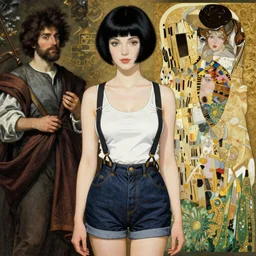a woman with black hair pixie cut in shorts with suspenders drawn by Hajime Sorayama, Paolo Eleuteri Serpieri, frank frazetta, peter paul rubens, alphonse mucha, gustav klimt 4k, french noveau, trending on artstation,  hyperrealistic