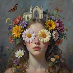 a surreal oil painting of a woman portrait with the eyes covered by flowers blooming, her hair covered by fantasy mystic fowwers, and her head covered in a form of a church architecture, fantasy conceptual art, trending on artstation, hyperdetailed