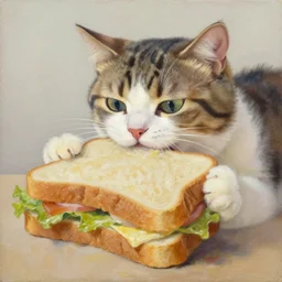 an oil painting of a cat biting into a big sandwich, by Aya Takano