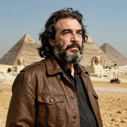 portrait of fidel castro traveling in egypt, with giza city on his background, photorealistic, very detailed, highly intricated