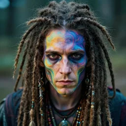 hyperrealistic close - up portrait of psychedelic!!!!!!!!!! neuro - shaman dreadlocks hippy highly detailed concept art eric zener elson peter cinematic hard lighting high angle hd 8 k sharp shallow depth of field, inspired by denis villeneuve and zdzisław beksinski