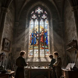post - medieval art painter studio inside a tower, stained glass window, light dust, by peter mohrbacher dan mumford craig mullins nekro, cgsociety, pixiv, volumetric light, 3 d render