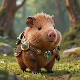 little cute boar forest creature, inspiring, adorable, anthro, guardian, dnd, woodland realm, fantasy armored attire!! strange fantasy equipment!! octane render, unreal engine 5, hyper realistic, 8 k