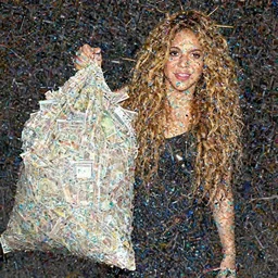 Shakira with a big bag full of cash