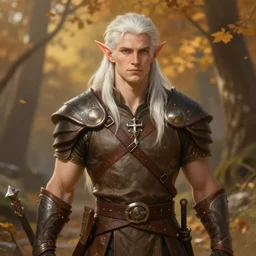 portrait of a beautiful fit young elf male ranger, with fluent cloths, leather armor, by greg rutkowski and alphonse mucha, d & d character, gradient brown to white, autumn background, highly detailed portrait, digital painting, artstation, concept art, smooth, sharp focus illustration, artstation hq