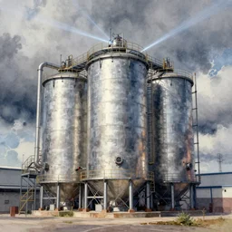 concept art of a industrail silo, pinterest, artstation trending, behance, watercolor, by coby whitmore, silver, laser light,