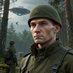 russian soldiers in the forest near ufo that falled down from the sky, cyberpunk, masterpiece. rendered in blender, ultra realistic, smooth shading, ultra detailed, high resolution, cinematic, unreal 6, perfect face, cyberpunk, fine details, studio lighting, subtle shadows, art by katsuya terada, photorealism, hyper realism, octane render, hyper detailed, canon eos r 3, f / 1. 4, iso 2 0 0, 1 / 1 6 0 s, medium shot, 8 k, raw, unedited, in - frame,