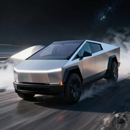 a tesla cyber truck riding through outer space, 3 d render, realistic, dramatic