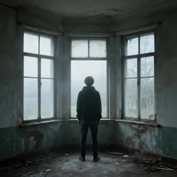 detailed photograph person standing in bay windows abandoned spooky misty ominous well defined