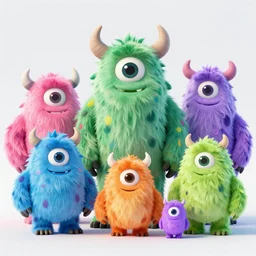 hyperrealistic concept sheet of cute colorfull digital 3 d family monsters for kids assisting a concept machine, big eyes, simple smooth shapes and forms, reflective like candy, masterpiece, award - winning, intricate concept art, 8 k, artstation