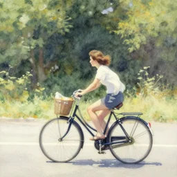 person riding a bike on a hot summer day, watercolor painting, morandi color palette, very beautiful masterpiece by a very talented artist, extremely detailed stunning, dreamy, melancholy , poetic, nostalgic