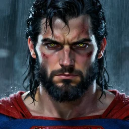 clark kent with long beard and intense eyes, scarred, wet, raining, close up, rim lighting, portrait, sinister atmospheric lighting. highly detailed painting by greg rutkowski, anime style