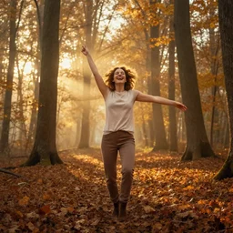 bodyscapes. intense promiseful happiness, autumn sunrise warm hdri forest light