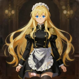 baroque oil painting full body illustration character concept art, anime key visual portrait of young female maid military dictator black uniform, long flowing blonde hair blue eyes, symmetrical perfect face fine detail delicate features quiet gaze, gapmoe kuudere genshin impact lotr bokeh, trending on pixiv fanbox, painted by greg rutkowski makoto shinkai takashi takeuchi studio ghibli