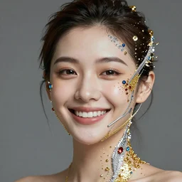portrait of a beautiful smiling futuristic woman layered with high-tech jewelry wrapping around her face and head, golden-silver light with tiny blue, gold, and red gems scattered like dust
