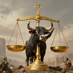 photo of a bull holding up ancient and magnificent golden iconic scales of balance, marc simonetti, greg rutkowski, ferdinand knab, hyperdetailed, photorealistic, 8 k resolution, trending on artstation, surrealism, fantasy