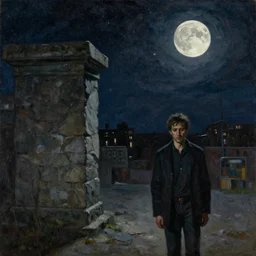 time flying by with moonlight sorrows, moon, regrets, stars, sky, melancholy, absent father, odissey, gritty feeling, moon, moonlight, at night, wandering in the city, stone, chaotic punk, oil painting, by francis bacon, by beksinski, by kurosawa, by kiarostami, intense emotion