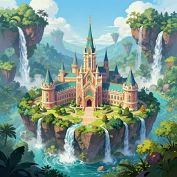 a majestic magic school located in a tropical highland surrounded by waterfalls and floating rocks, fantasy, colorful, digital painting, trending on artstation, concept art, illustration, art by joe stiller